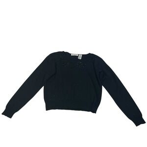 Liz Claiborne Petite Black Beaded Floral Sweater Hong Kong Vintage 90s